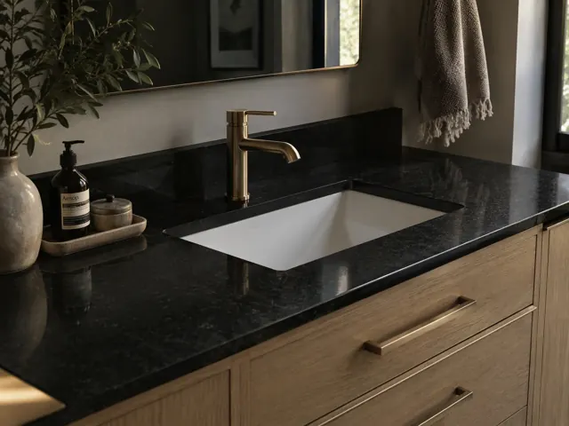 Render of a light wood vanity with a black Cambria Charlestown-style quartz top and backsplash, rectangular undermount sink and brass faucet