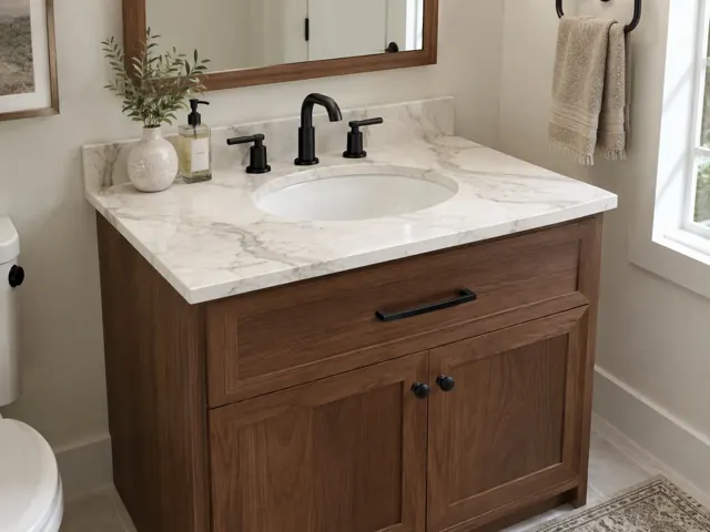 Render of a dark wood vanity with a Cambria Ironsbridge-style white veined quartz top, oval undermount sink and matte black faucet