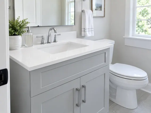 Render of a gray paneled vanity with a white Envi Temple White-style quartz top, white sink and chrome faucet