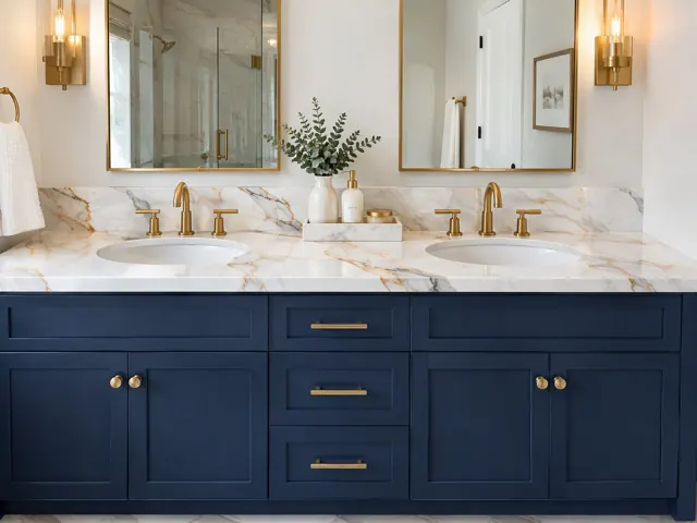 Render of a navy double vanity with an Envi Tiffany Gold-style white veined quartz top and backsplash and two gold faucets